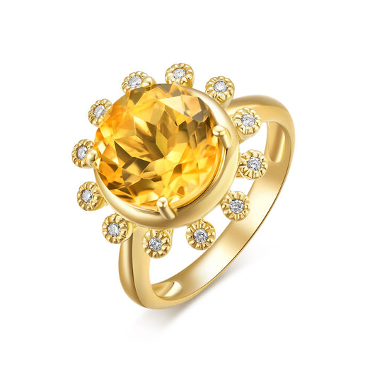 Large Nature Citrine Sunflower Shape Ring With Diamond