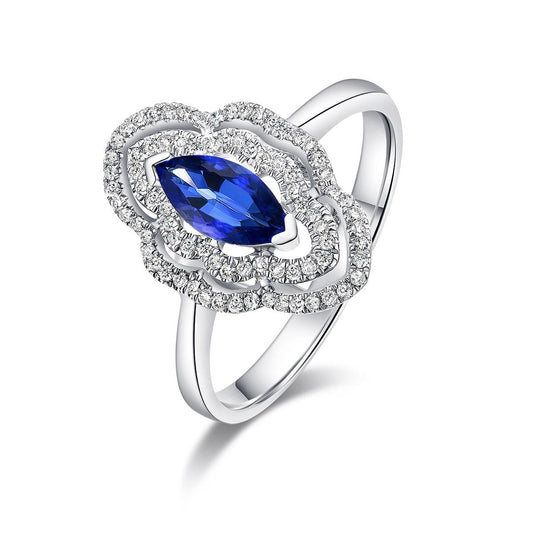 Nature Blue Sapphire Marquise Ring Double Halo in 18k White Gold