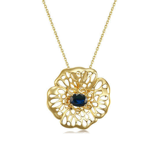 Nature Deep Blue Sapphire Flower Pendant/Brooch