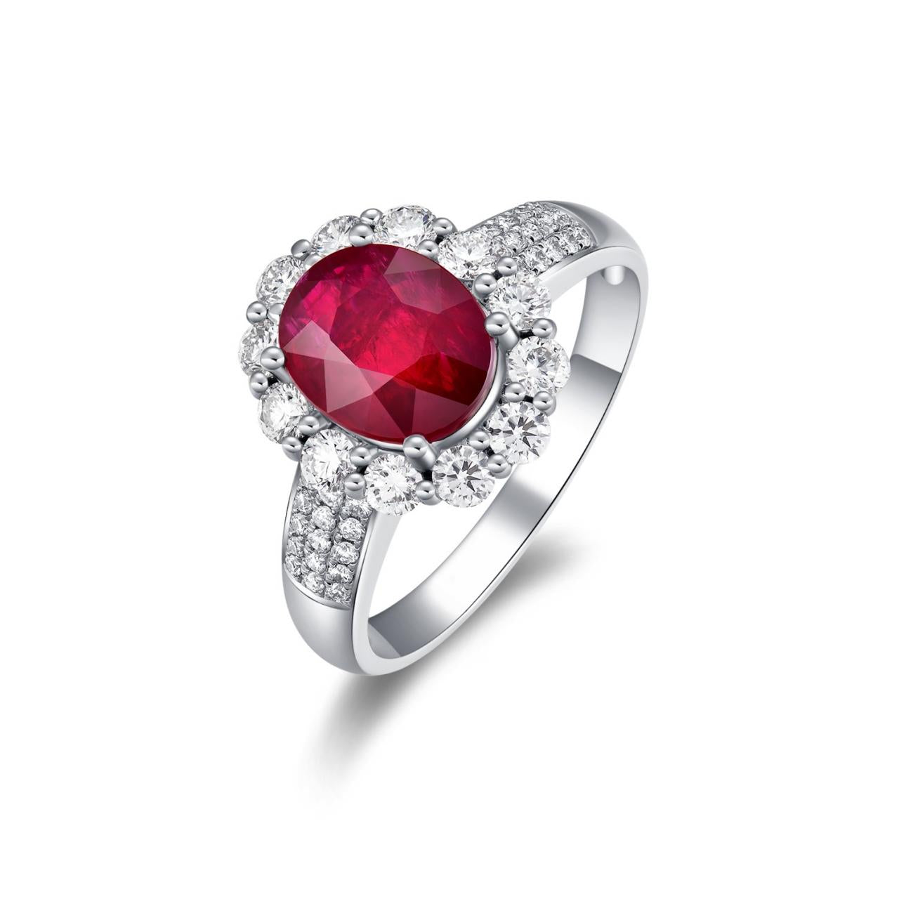 2.06 Carat Pigeon Blood Ruby Ring Set with 18K White Gold and Diamond