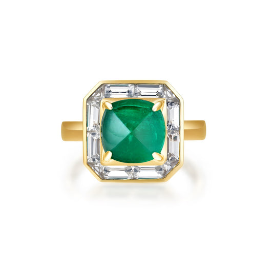 3.63 Pyramid Green Emerald Ring with Diamond