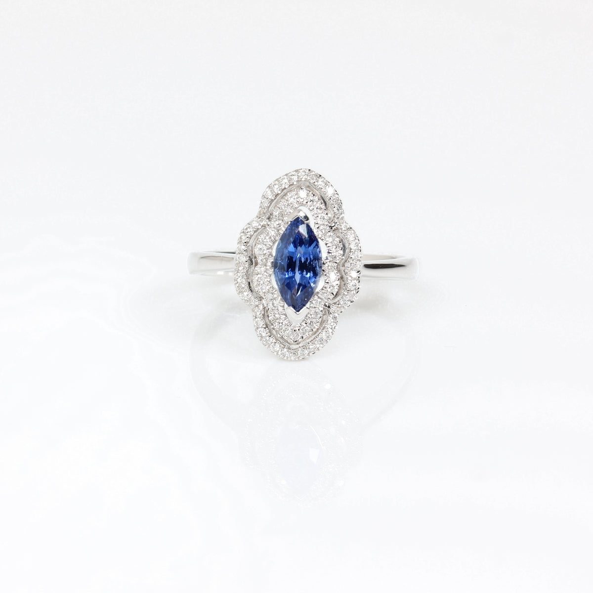 Nature Blue Sapphire Marquise Ring Double Halo in 18k White Gold