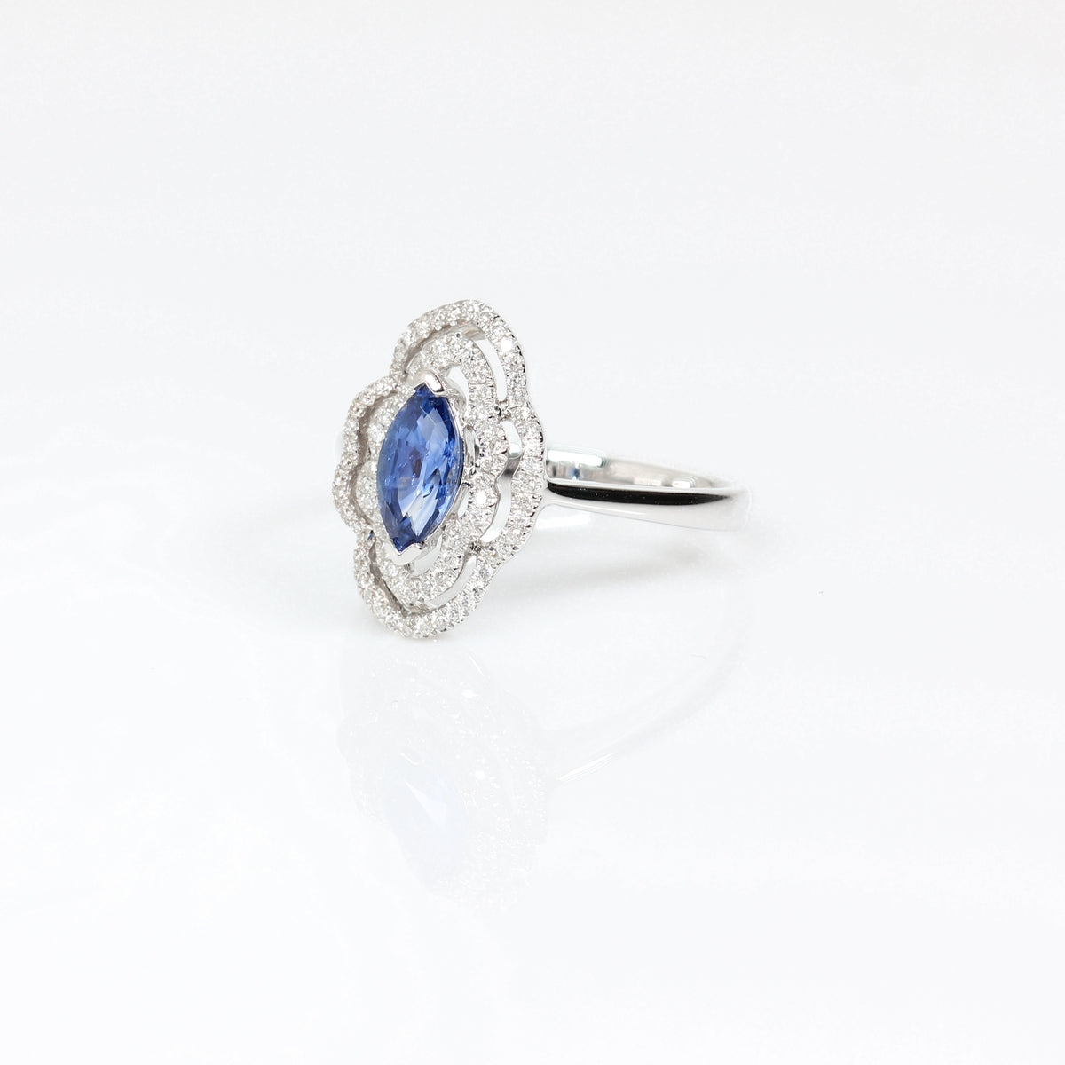 Nature Blue Sapphire Marquise Ring Double Halo in 18k White Gold